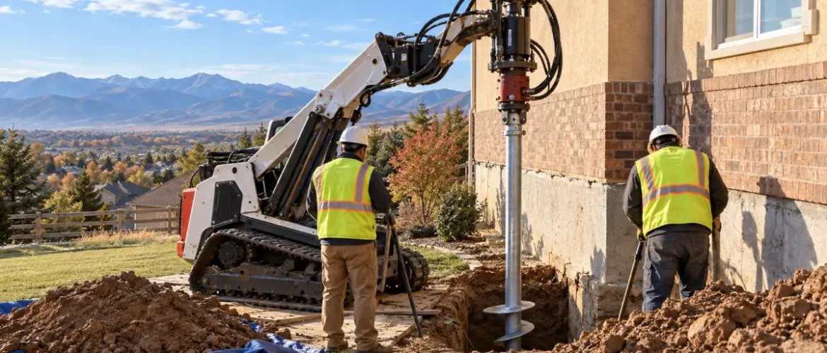 Helical pier installation process at a Colorado home, a drive head turning a steel pier beside the footing
