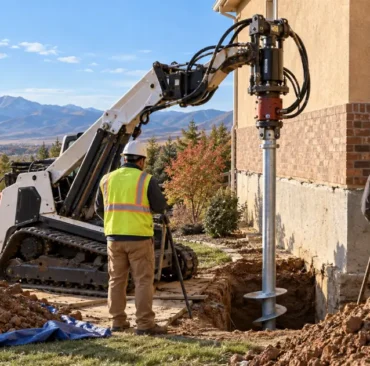 Helical pier installation process at a Colorado home, a drive head turning a steel pier beside the footing