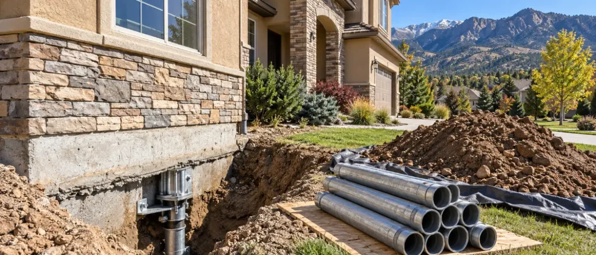 Push pier foundation repair in progress at a Colorado home, with steel pier sections beside the excavation