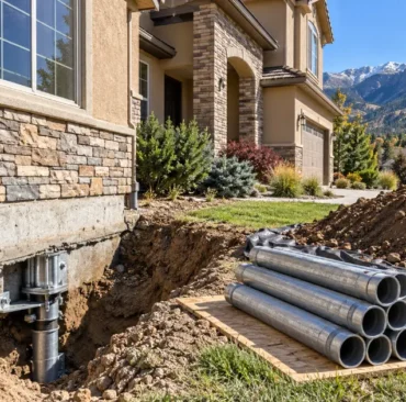 Push pier foundation repair in progress at a Colorado home, with steel pier sections beside the excavation