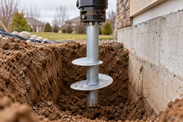 Helical pier lead section with 2 helix plates lowered over an access pit at a house footing