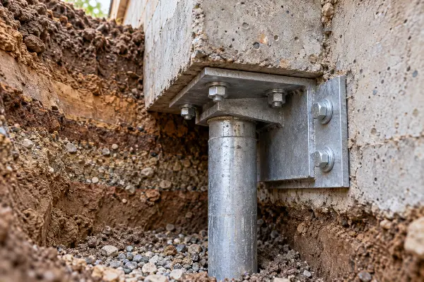 Galvanized push pier and steel bracket bolted under a concrete footing in an excavated trench