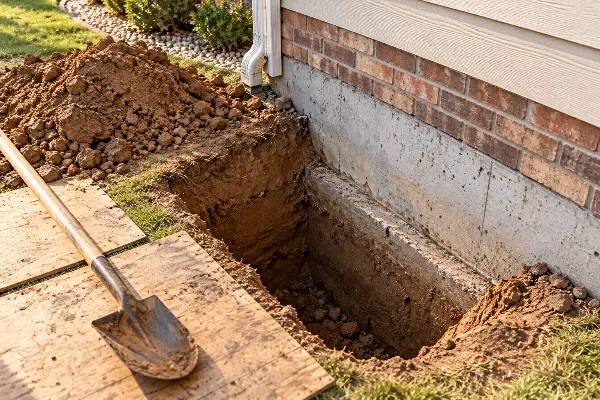 Access pit exposing a concrete footing, an early step in the helical pier installation process