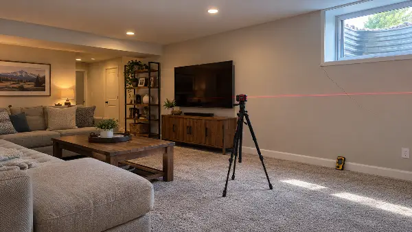 Laser level survey across a cracked basement wall to tell settling from heaving before choosing push piers