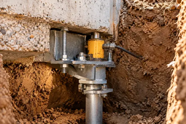 Steel repair bracket under a footing with a lifting jack, tying a helical pier to the foundation
