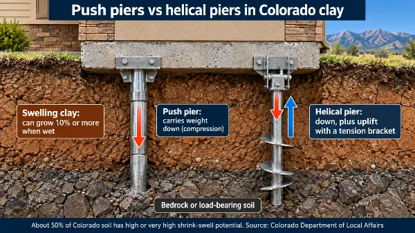 Infographic cutaway comparing a push pier and a helical pier in Colorado swelling clay above bedrock