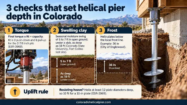 Infographic: 3 checks that set helical pier depth in Colorado clay, torque, swelling zone and frost line