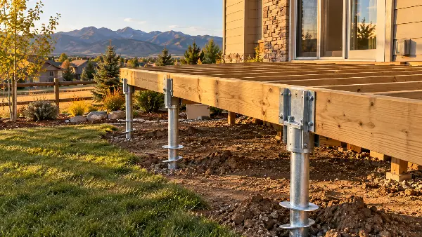 Helical piers supporting a new deck frame in a Colorado backyard, a structure too light for push piers
