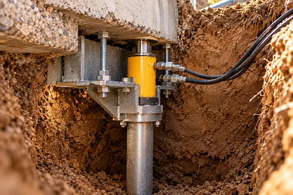 Hydraulic push pier pressed down beside a footing, the alternative to helical piers when bedrock is shallow