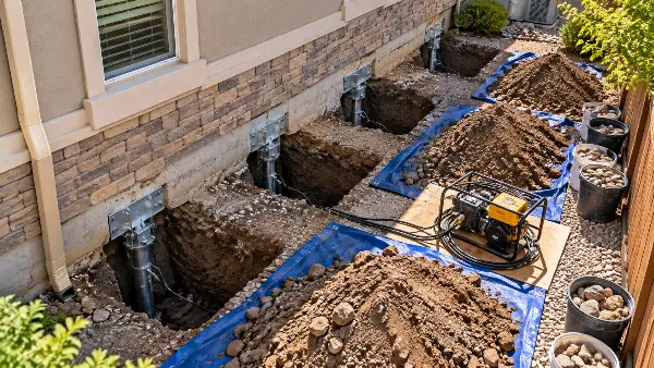 Push pier install day: excavations spaced along a Colorado home's foundation with soil on tarps
